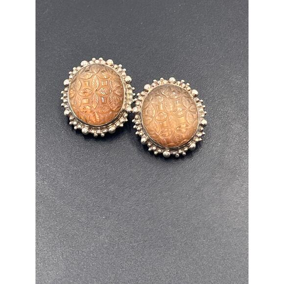 Stephen Dweck Designer Sterling Carved Smoky Quartz Oval Clip-On Floral Earrings - Picture 11 of 12